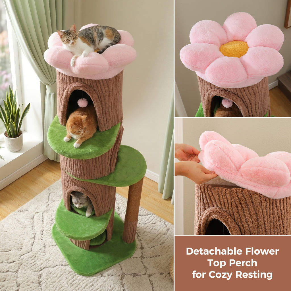 Forest Cat Tree Tower with Flower Top Perch, Indoor Climbing and Resting Furniture in 35.8, 56.3 or 68.5 Inch Height and Color Options
