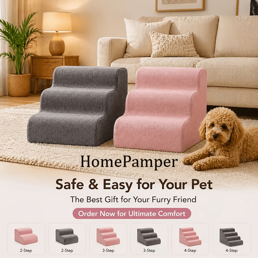 Dog Stairs for Bed with Dutch Velvet, Non-Slip Pet Steps for Small and Senior Dogs, 2/3/4-Step Options for Sofa and Couch, Gray or Pink