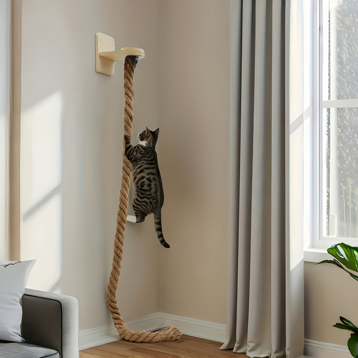 Wall-Mounted Cat Climbing Rope with Jumping Platform, Thick Natural Hemp Rope Indoor Cat Wall Accessory for Space-Saving Climbing and Play