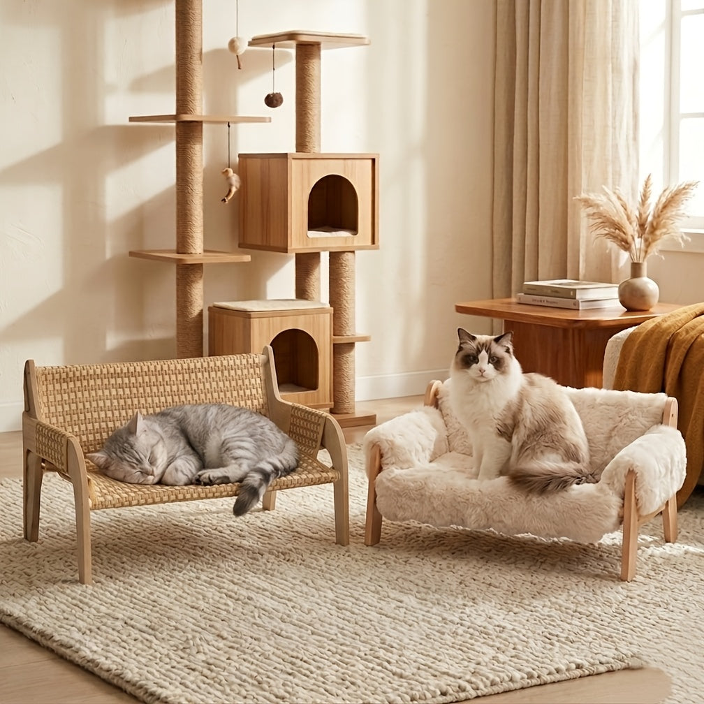 Pet Sofa Bed for Cats and Small Dogs, Elevated Lounge Furniture Listing with White, Grey and Bamboo Mat Style Options for Home Rest