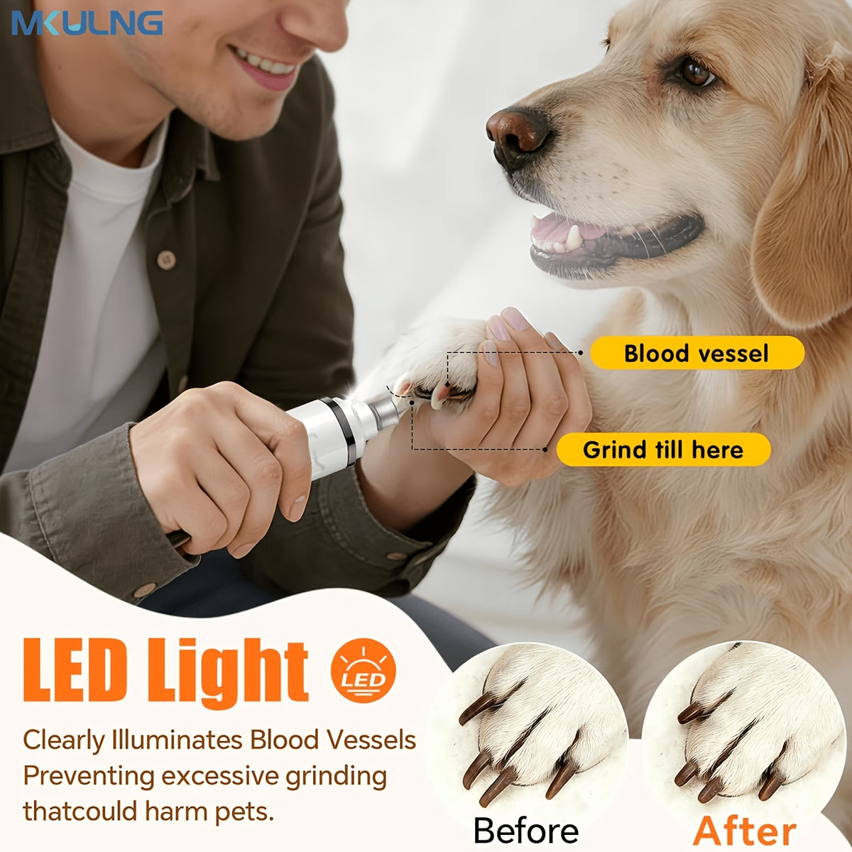 Dog Nail Grinder with LED Light, Quiet 3-Speed Rechargeable Pet Nail Trimmer with 3 Grinding Ports and Diamond Bit for Small, Medium and Large Dogs and Cats