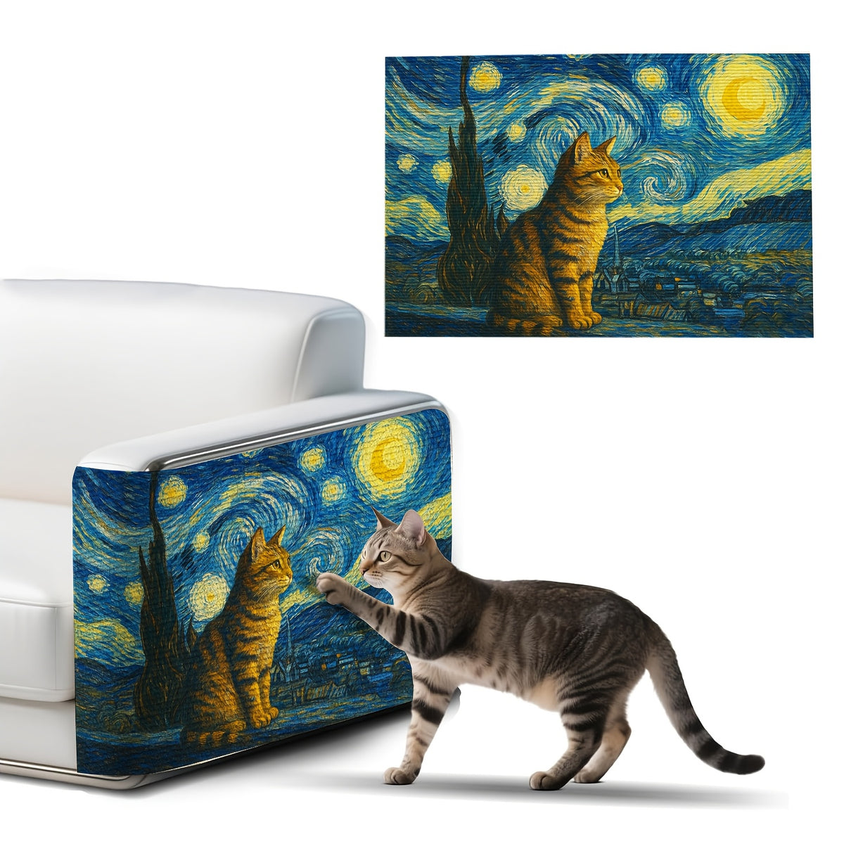 Self Adhesive Cat Scratching Pad, 23.6 x 15.7 Inch Wall-Mounted Scratcher and Sofa Protection Mat for Indoor Cats, Starry Sky Art Style Options