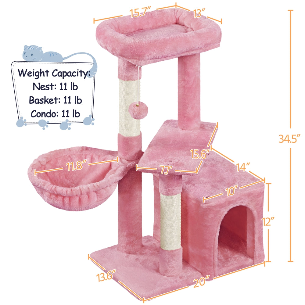 Cat Tree 34.5 Inch with Condo and Basket, Plush Indoor Cat Tower with Nest, Platform, Three Sisal Scratching Posts and Scratching Board in Five Colors