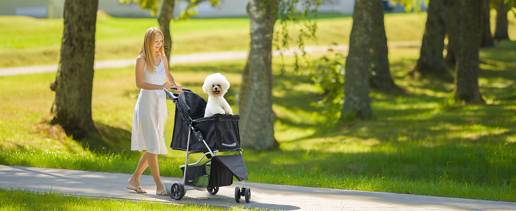 Pet Stroller with Swivel Front Wheel, Three-Wheel Foldable Dog and Cat Pushchair with Mesh Canopy, Storage Basket, Cup Holder and Weather Cover