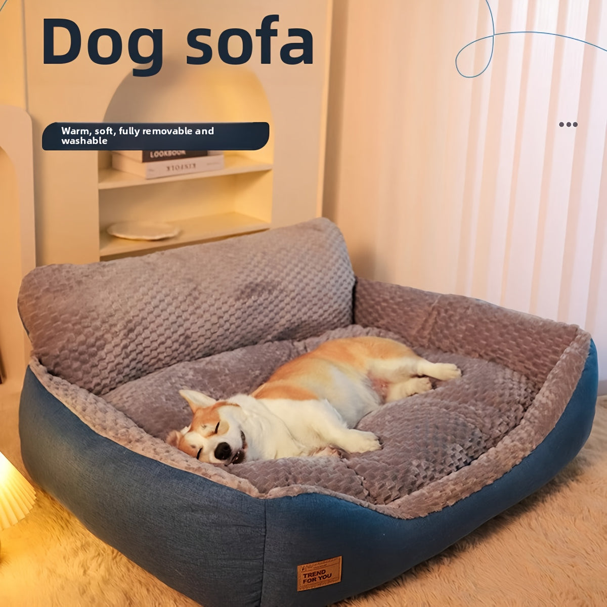 High Back Dog Sofa Bed with Plush Textured Cushion, Blue and Gray Bolster Pet Couch in Four Sizes for Small to Large Dogs and Cozy Indoor Rest