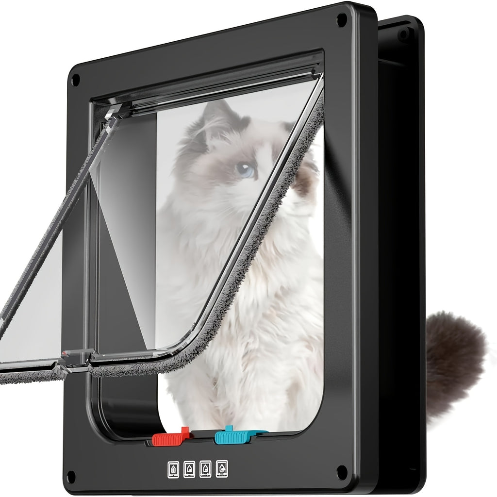 Cat Door with 4-Way Lock, Weatherproof Pet Flap for Cats and Dogs with Bonus Rainbow Ball Toy, M L XL Sizes in White, Black or Coffee