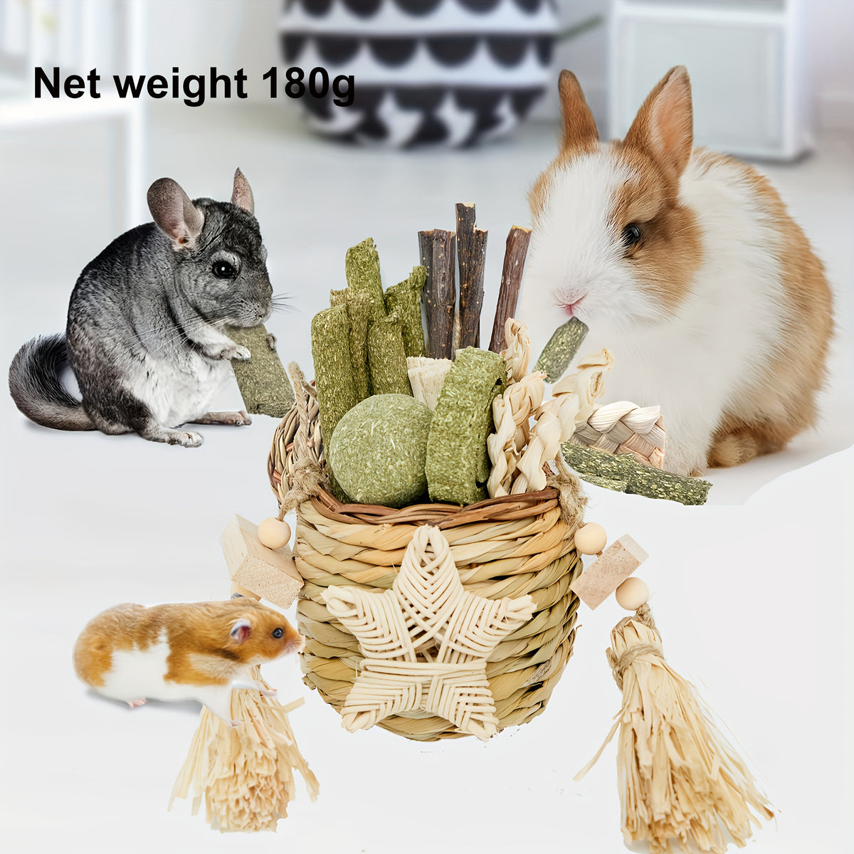 Rabbit Chew Toys Basket for Bunnies and Hamsters, Assorted Chewable Small Pet Enrichment Toys in Classic Style for Supervised Indoor Play