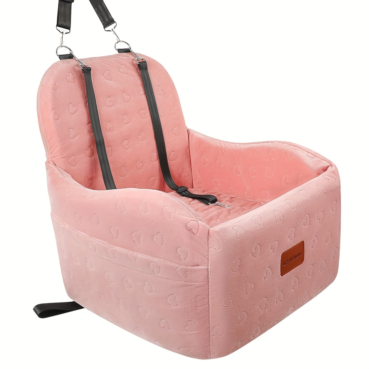 Plush Dog Car Seat with Memory Foam Cushion, Cozy Pet Travel Seat for Dogs and Cats with Side Storage Pockets and 3 Clip-On Leashes