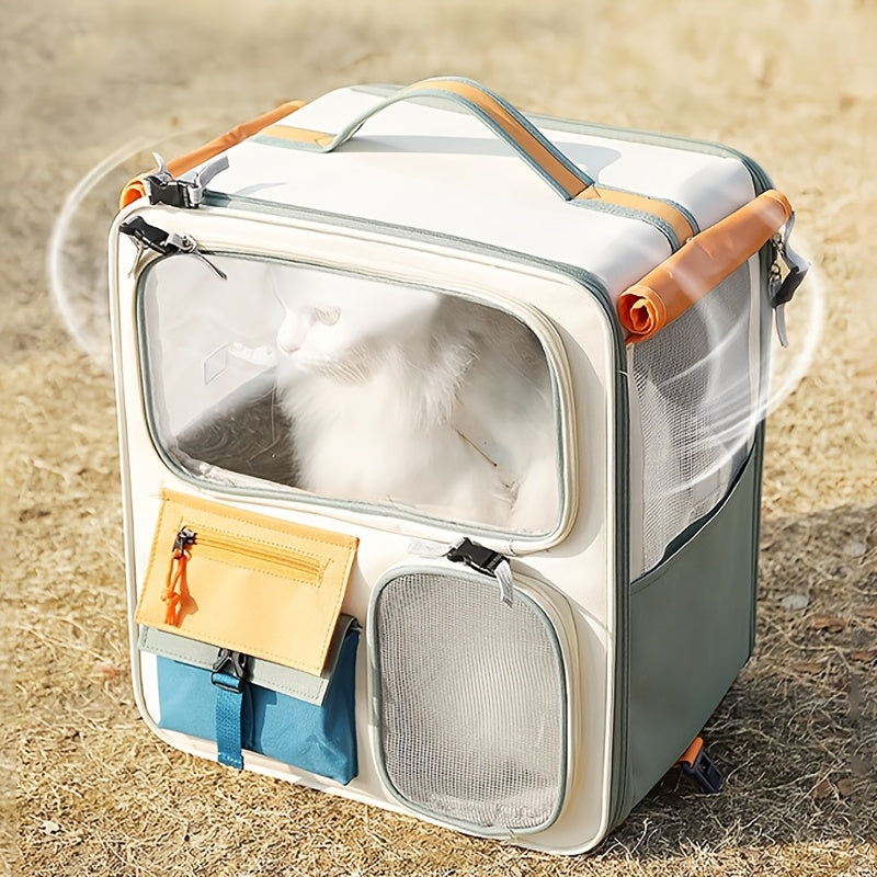 Cat Travel Backpack with Clear Viewing Window, Mesh Side Panels and Front Storage Pockets, Portable Pet Carrier in Green or Brown for Outings