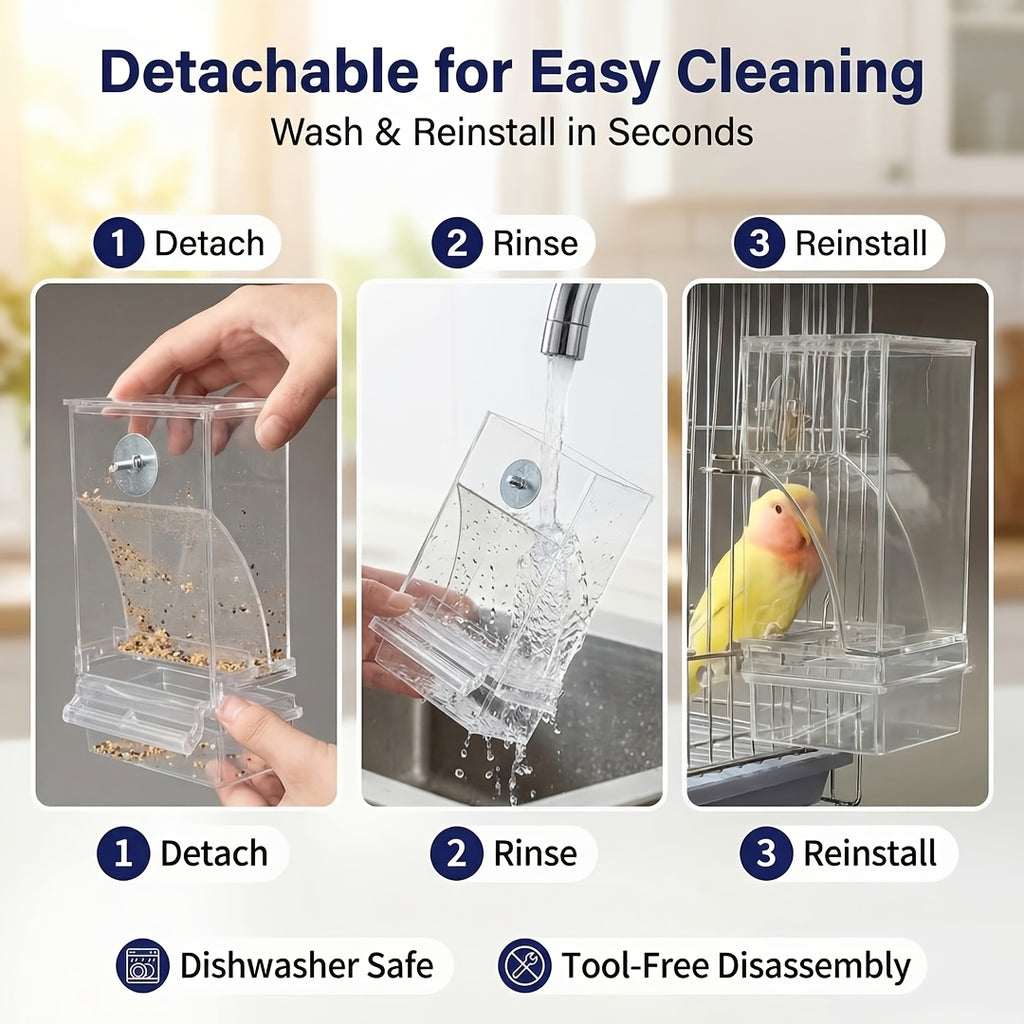 Automatic Bird Cage Feeder with Catch Tray, Transparent Acrylic Seed Dispenser with Angled Feeding Port and Cage Mount for Everyday Pet Bird Care