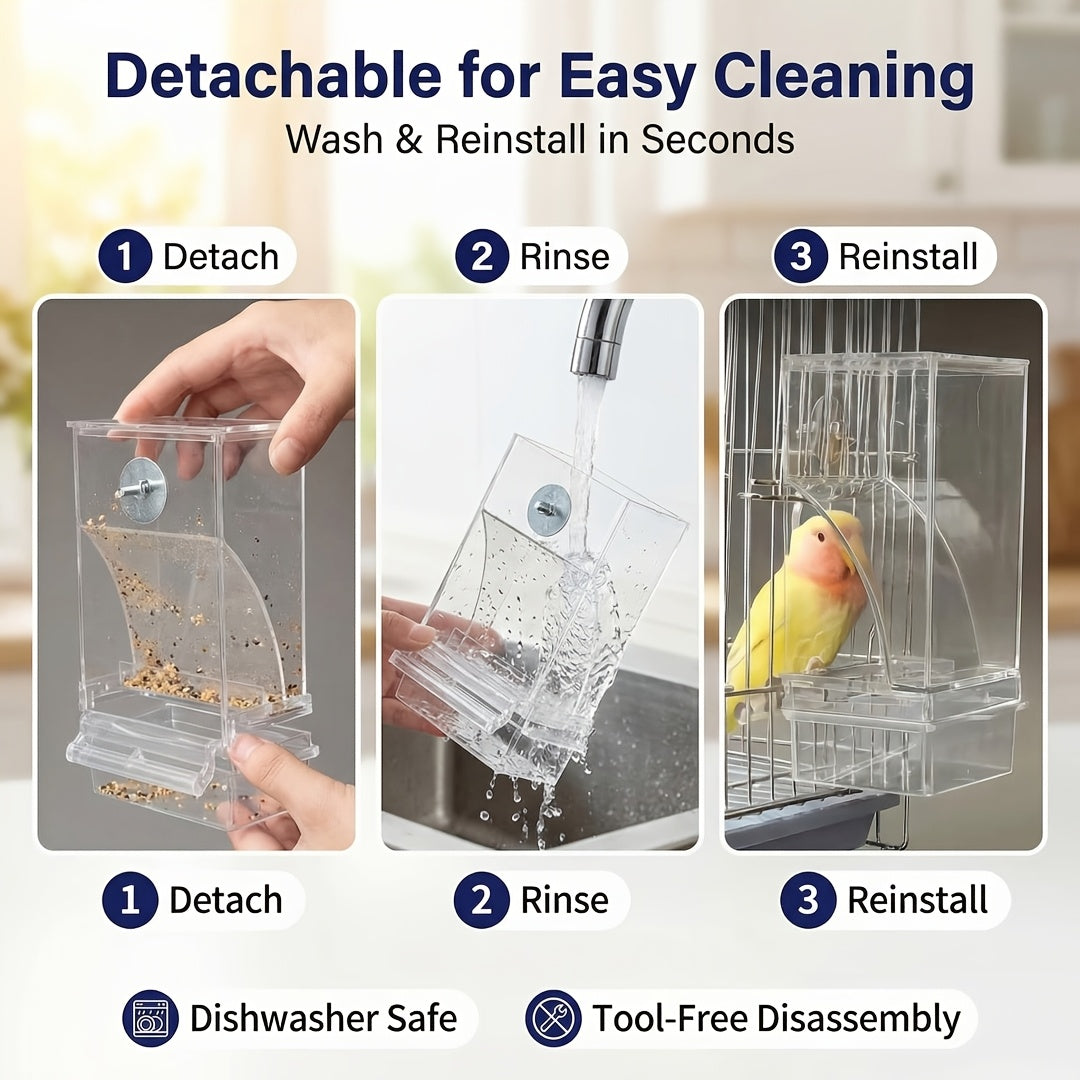 Automatic Bird Cage Feeder with Catch Tray, Transparent Acrylic Seed Dispenser with Angled Feeding Port and Cage Mount for Everyday Pet Bird Care