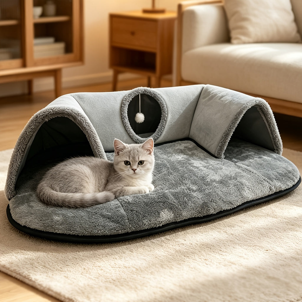 Arch Cat Tunnel Bed with Peekaboo Window and Hanging Ball, Soft Plush 2-in-1 Indoor Kitten Hideaway and Lounge Mat in Small or Large