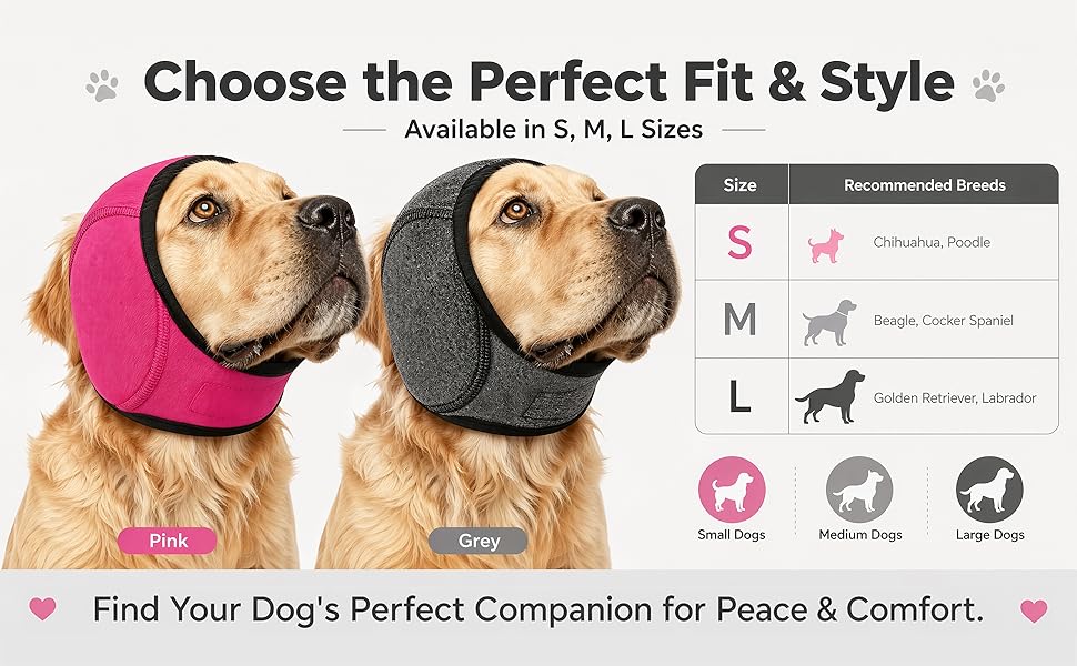Dog Ear Wrap Grooming Hood, Adjustable Soft Ear Cover with Hook-and-Loop Closure for Supervised Bath-Time and Grooming Routines, Three Sizes and Five Colors
