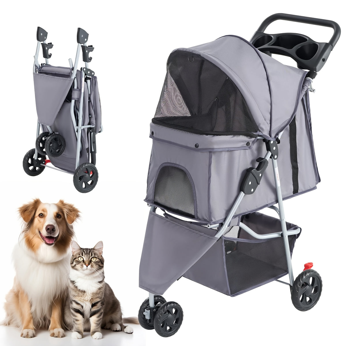 Pink Pet Stroller for Small Dogs and Cats, Lightweight Three-Wheel Foldable Travel Carrier with Breathable Mesh, Storage Basket and Cup Holder