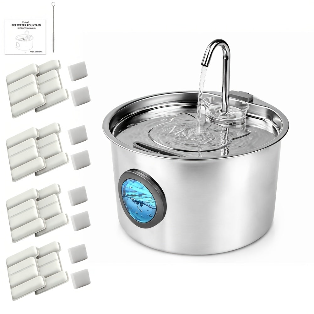 Dog Water Fountain 108oz 3.2L, 304 Stainless Steel Pet Drinking Dispenser with Round Water Level Window and 2, 4 or 8 Filter Bundles for Cats and Dogs