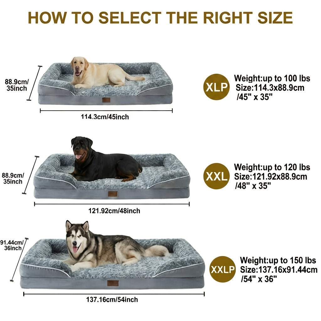 Extra Large Dog Sofa Bed with C-Shaped Bolsters, Removable Washable Plush Cover and Non-Skid Bottom, Grey Pet Couch with 20 to 71 Inch Size Options