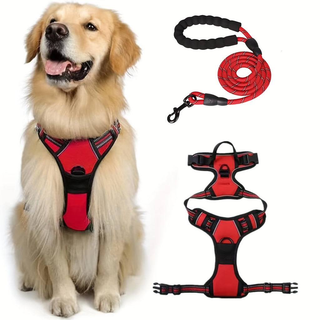Dog Harness and 5ft Leash Bundle, Adjustable Reflective Walking Vest in Black, Blue or Red, S-XL Sizes for Everyday Walks and Training