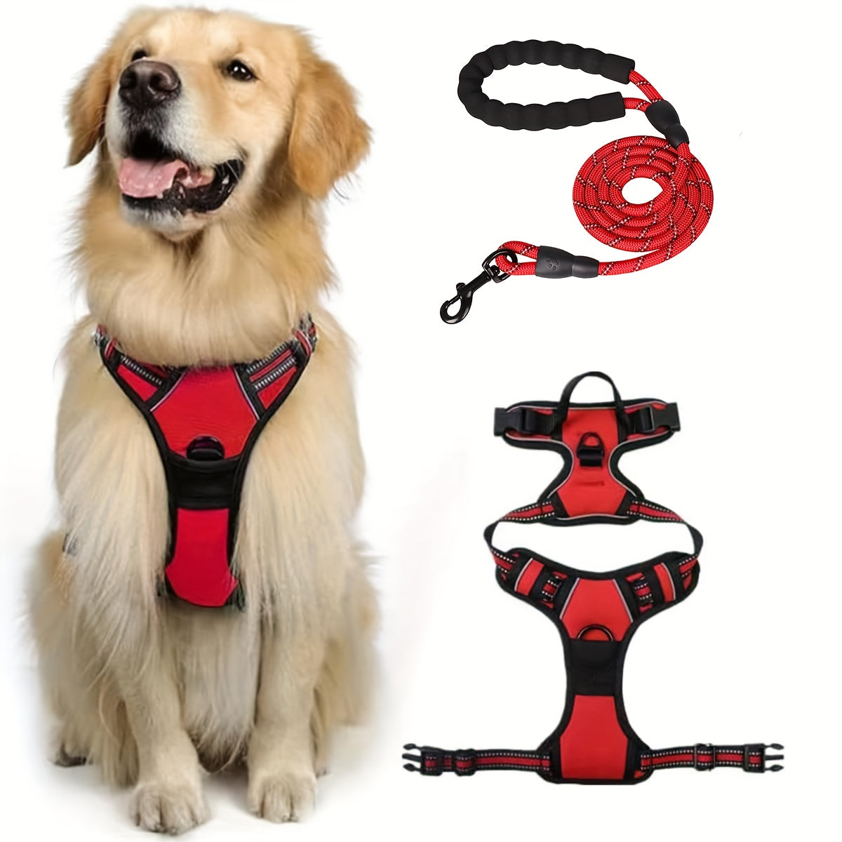 Dog Harness and 5ft Leash Bundle, Adjustable Reflective Walking Vest in Black, Blue or Red, S-XL Sizes for Everyday Walks and Training