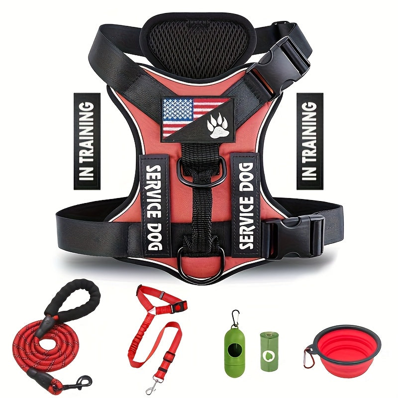 No Pull Dog Harness with 5 PCS Patches, Adjustable Dog Vest Harness and Leash Set with Dog Seat Belt, Collapsible Bowls and Poop Bag Dispenser for Training Walking Hiking