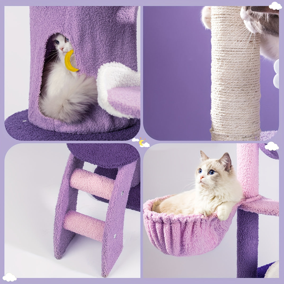 Moon and Star Cat Tree, 65 Inch Purple and Pink Indoor Cat Tower with Hammock, Condo, Sisal Scratching Post and Ladder for Climbing and Rest