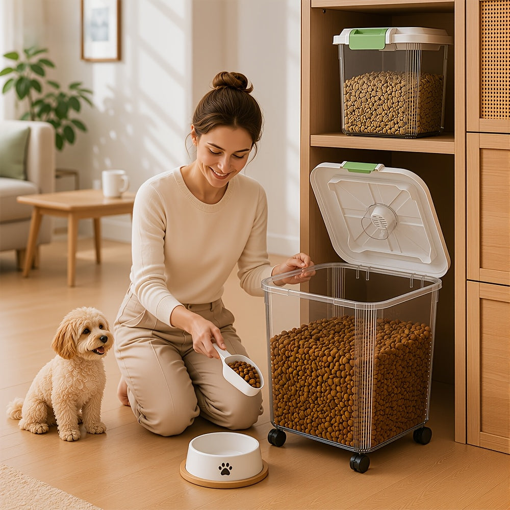 Dog Food Storage Container Set, 2-Piece Airtight Large and Medium Clear Plastic Bins with Rolling Wheels and Measuring Cup for Dry Cat and Dog Kibble