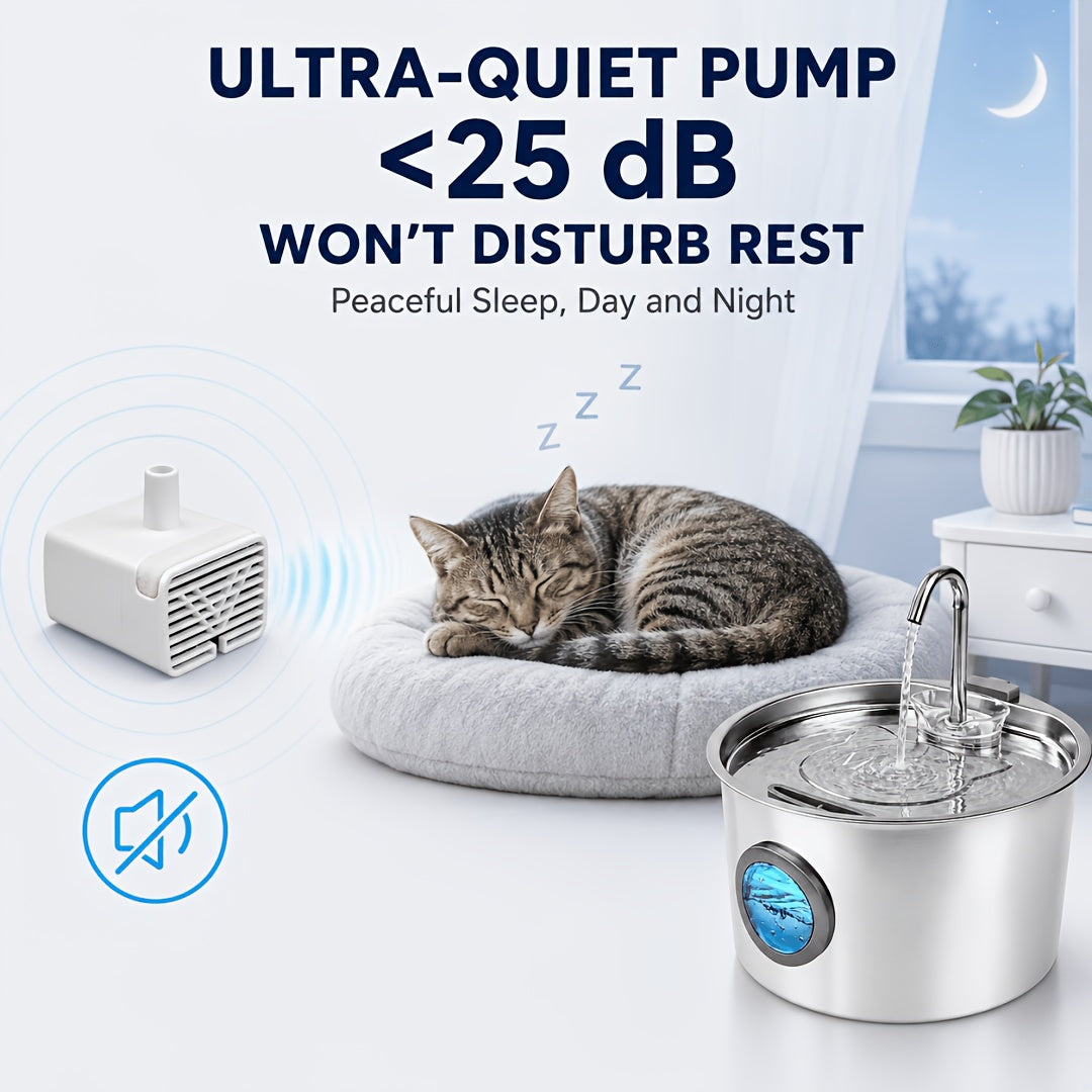 Dog Water Fountain 108oz 3.2L, 304 Stainless Steel Pet Drinking Dispenser with Round Water Level Window and 2, 4 or 8 Filter Bundles for Cats and Dogs