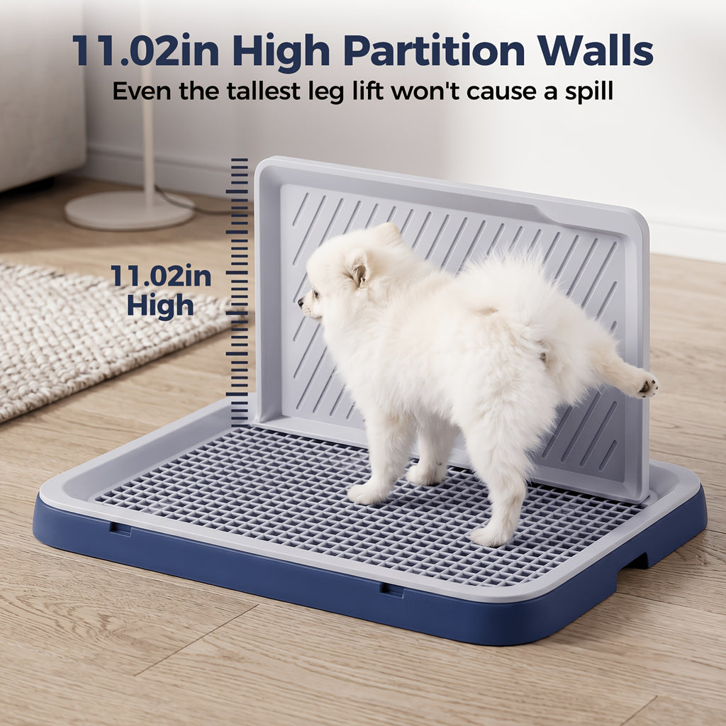 High-Sided Dog Potty Tray with Removable Grate, Indoor Puppy Toilet for House Training, Non-Slip Base, Small Size in Blue Gray or White Gray