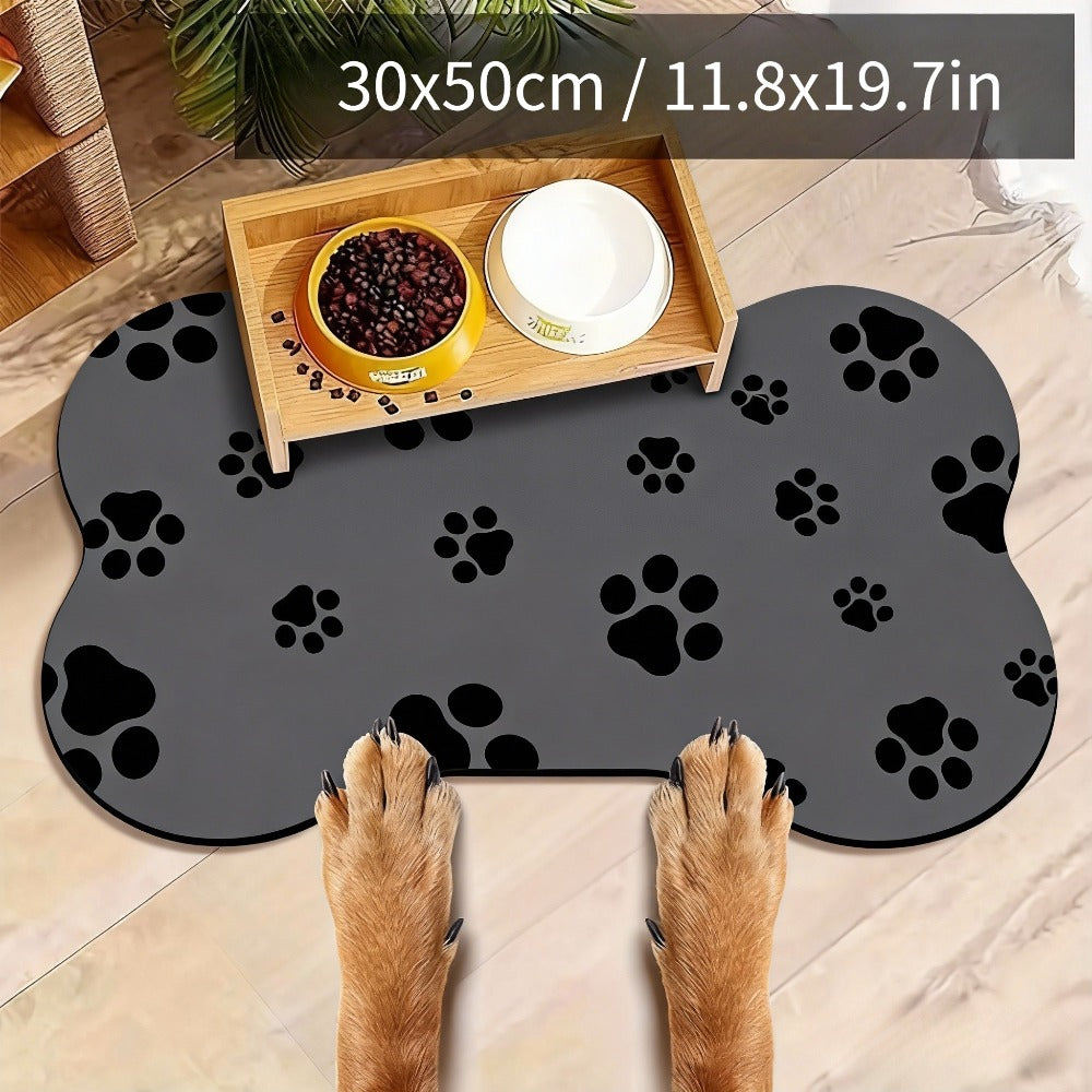 Dog Bowl Mat with Rubber Backing, Absorbent Non-Slip Pet Feeding Pad for Cat and Dog Food and Water Bowls, Two Sizes and Three Footprint Styles