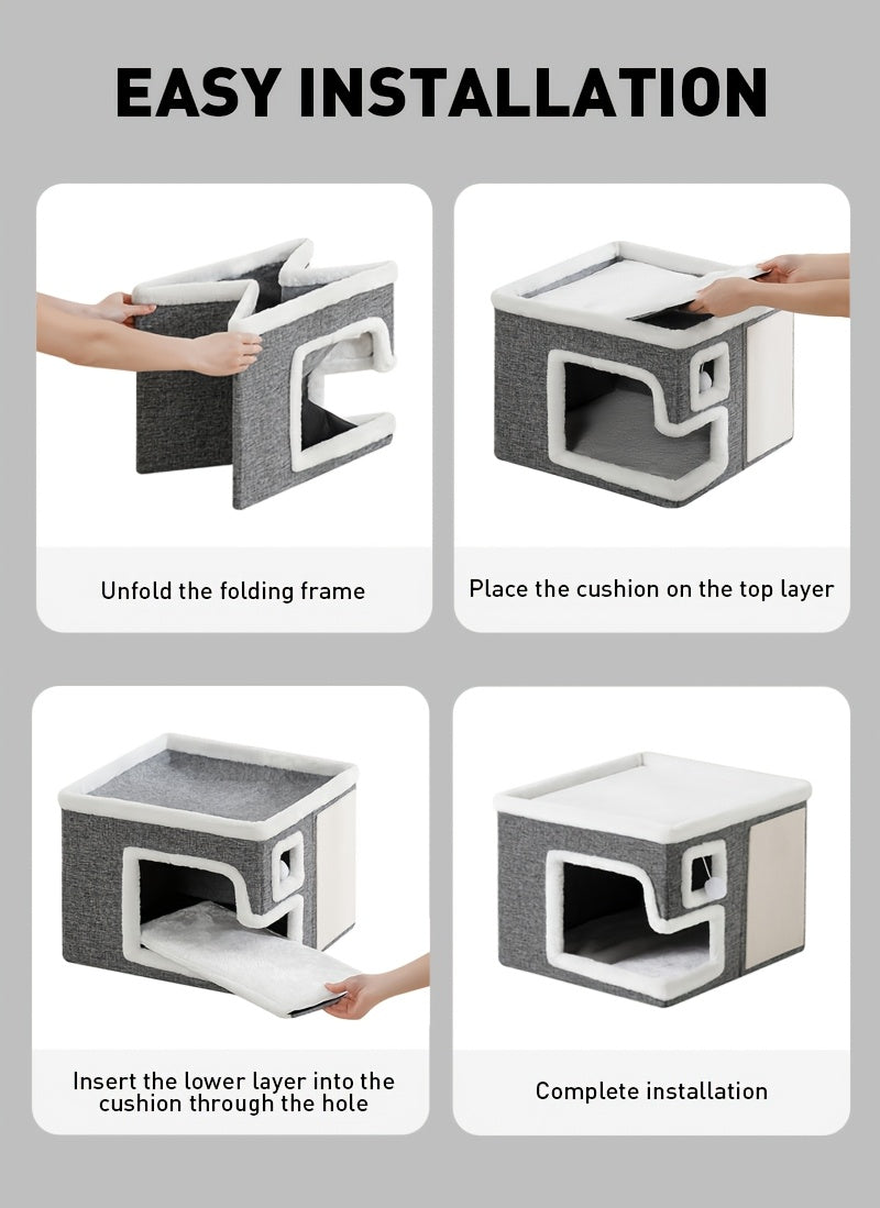 Cat House with Scratching Box, Large Light Gray 3-in-1 Indoor Cat Condo Cube with Wooden Structure and Ottoman-Style Hideaway for Sleep and Play