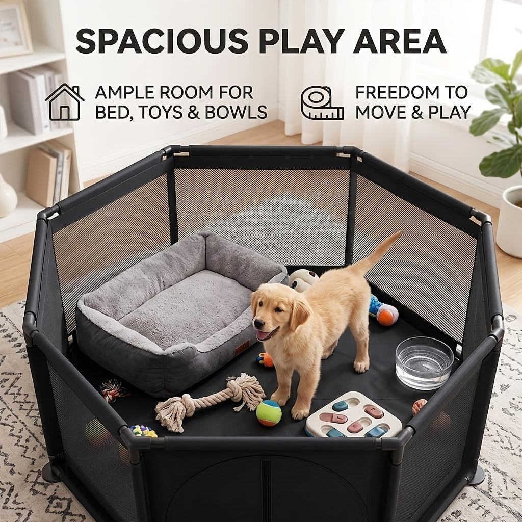 Fabric Dog Playpen with Door, Easy-Assembly Pet Enclosure in Gray or Black for Supervised Puppy Play, Daily Rest and Home Training Routines