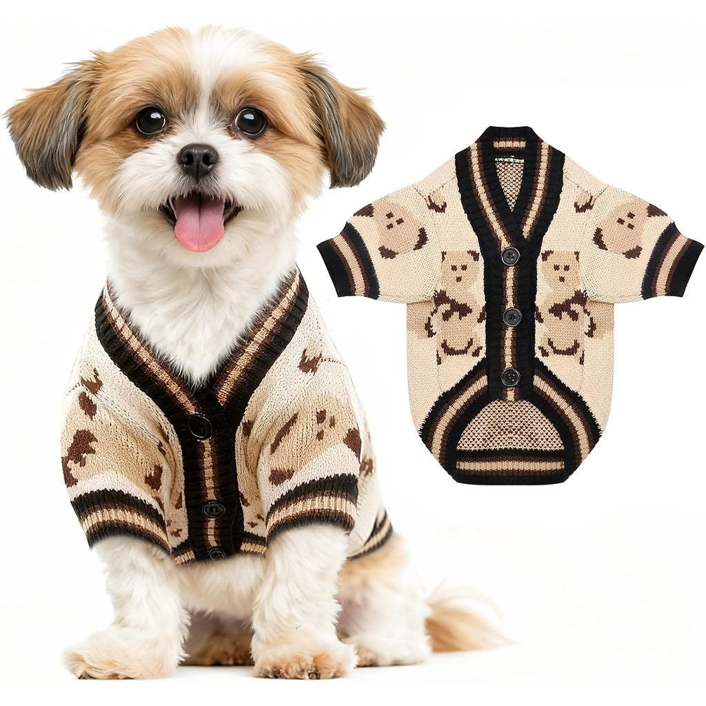 Bear Print Dog Cardigan Sweater with Button Closure, Beige Knit Pet Outfit with Contrast Ribbed Trim and Short Sleeves in M, L and XL Sizes
