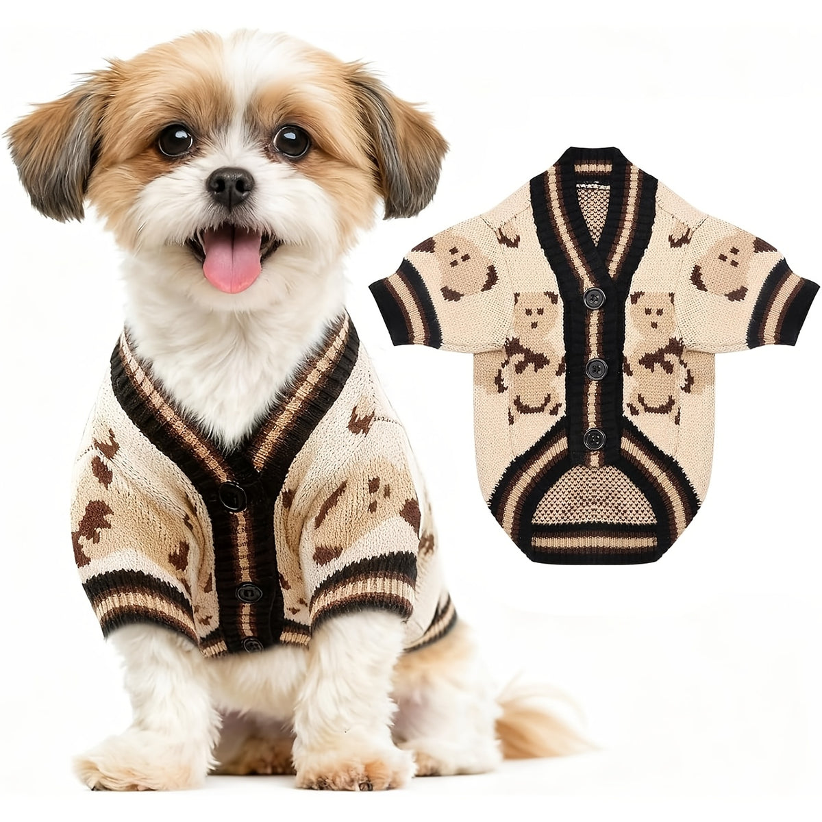 Bear Print Dog Cardigan Sweater with Button Closure, Beige Knit Pet Outfit with Contrast Ribbed Trim and Short Sleeves in M, L and XL Sizes