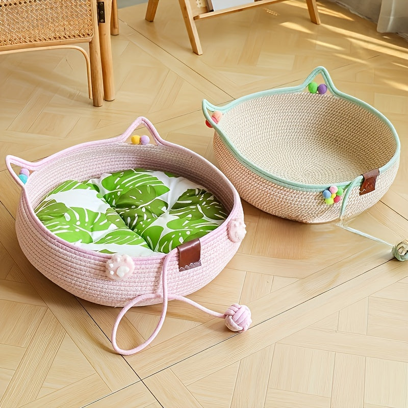 Woven Cat Scratcher Bed with Integrated Cat Nest, Rattan Weave Pet Lounger for Indoor Scratching, Rest and Play, Green or Blue for Cats and Small Dogs