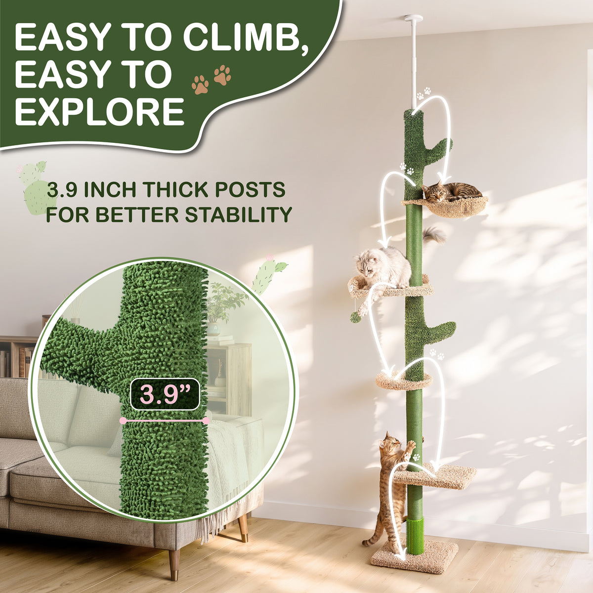 Floor to Ceiling Cat Tree with Hammock, Adjustable Cactus Cat Tower with Sisal Scratching Post, Faux-Fur Platforms and Interactive Playball for Indoor Cats