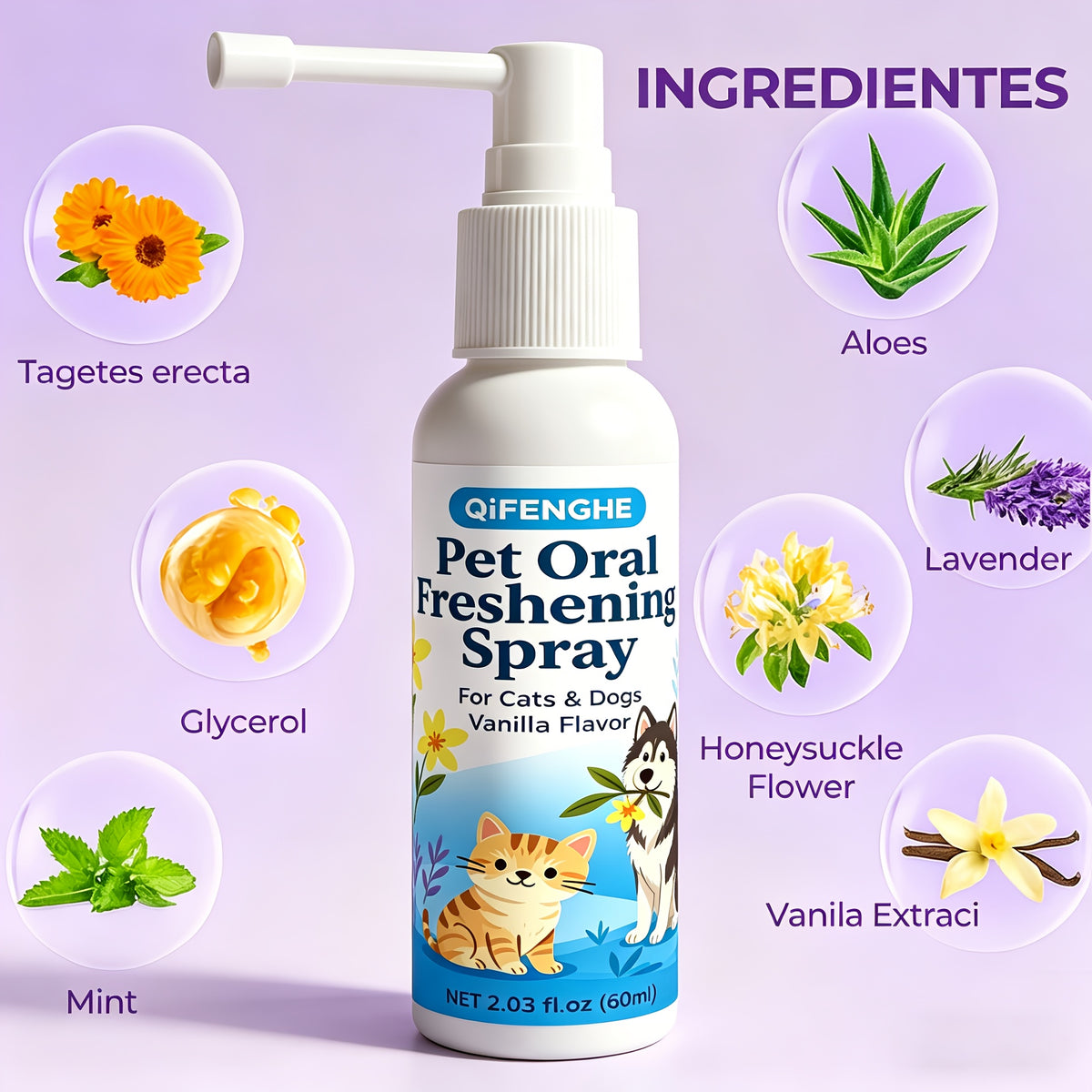 Dog Dental Spray for Dogs and Cats, Vanilla Flavor Pet Breath Freshener in 2.03 fl oz Bottle with Spray Nozzle for At-Home Oral Care Routines