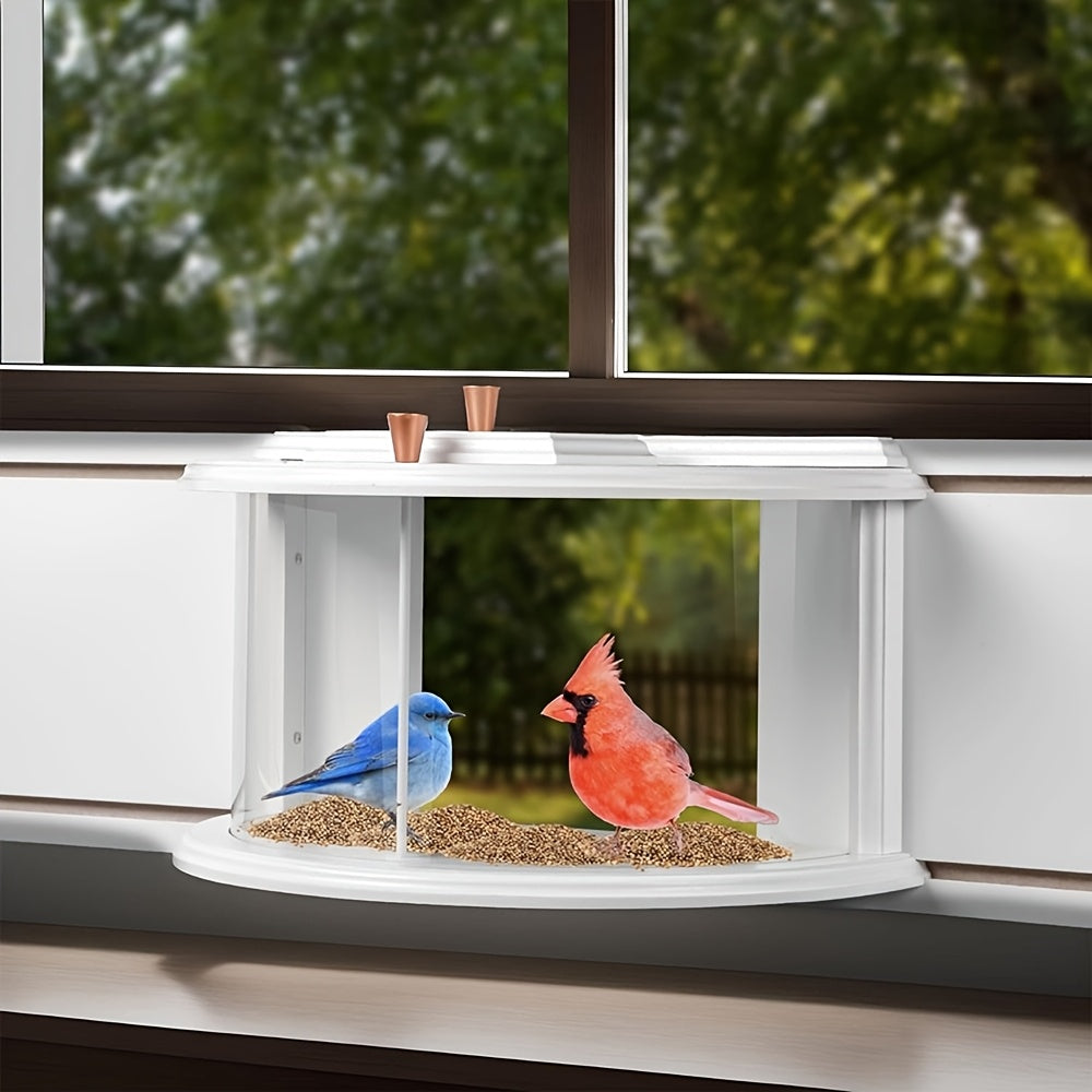 Panoramic Window Bird Feeder with 180-Degree Clear View, Recessed Feeding Tray and Lawn Deck in White for Bird Watching from Inside Your Home