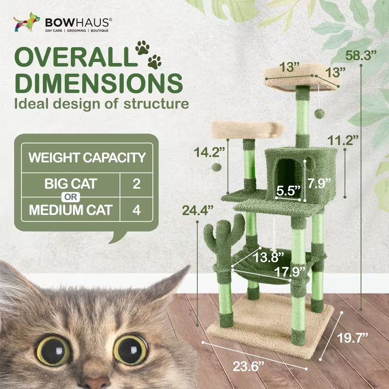 Cactus Cat Tower with Widened Perch and Scratching Posts, Multi-Level Indoor Cat Furniture in 37, 40, 58 or 70 Inch Size Options for Play and Rest