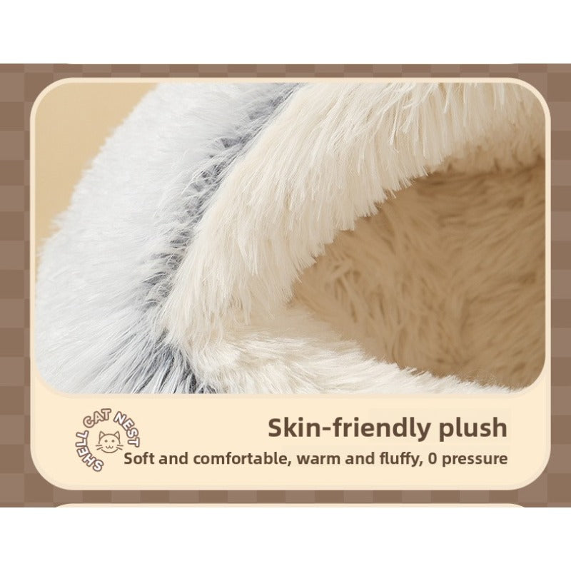 Plush Cat Cave Bed with Shell-Shaped Semi-Enclosed Design, 15.75 Inch Long Plush Pet Nest for Cozy Indoor Rest in Three Color Options