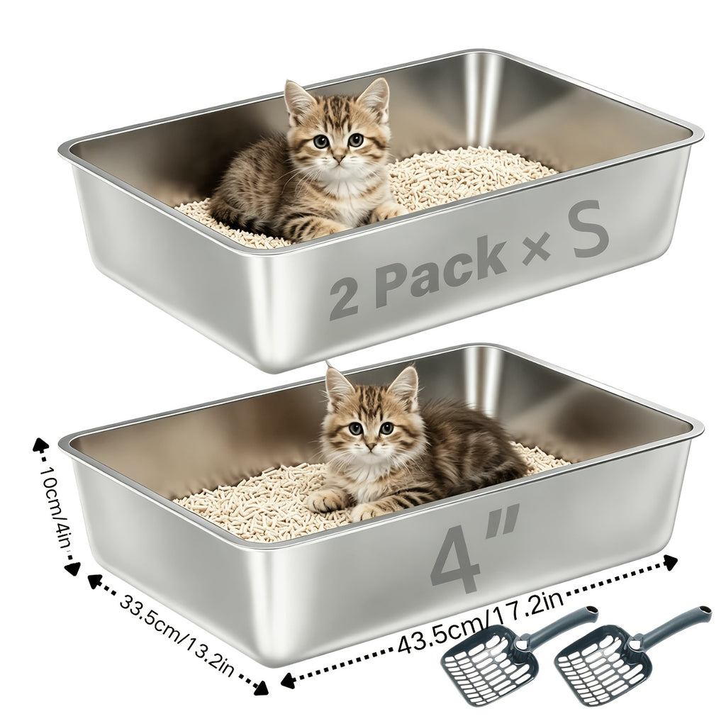 Stainless Steel Cat Litter Box Twin Set, 2-Pack Easy-Clean Metal Litter Pans with 2 Scoops and Non-Slip Bottom Pads, Three Size Options