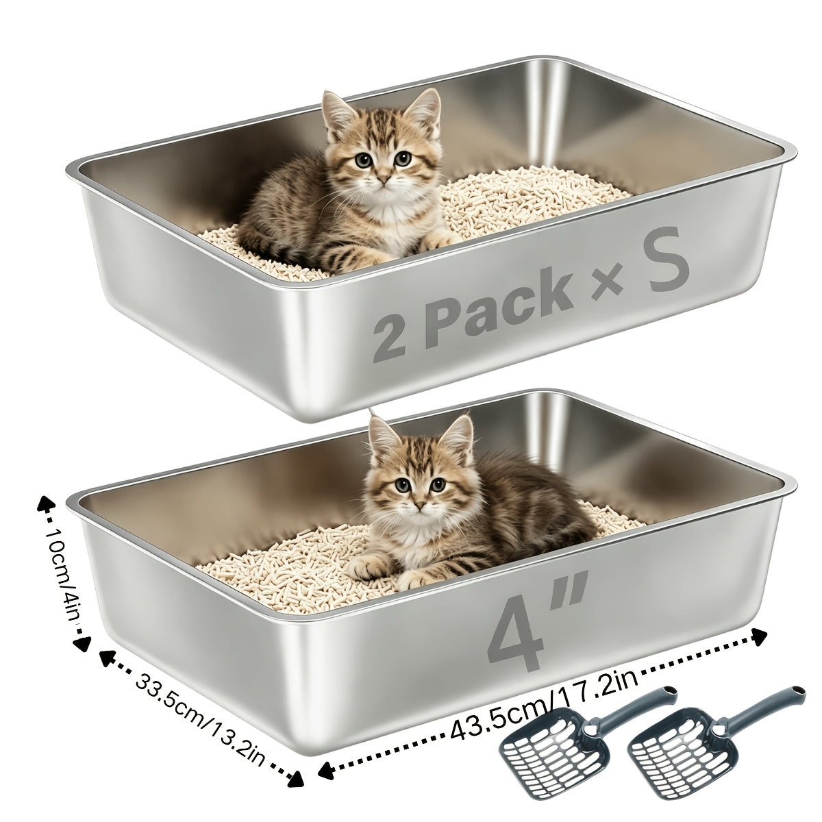 Stainless Steel Cat Litter Box Twin Set, 2-Pack Easy-Clean Metal Litter Pans with 2 Scoops and Non-Slip Bottom Pads, Three Size Options