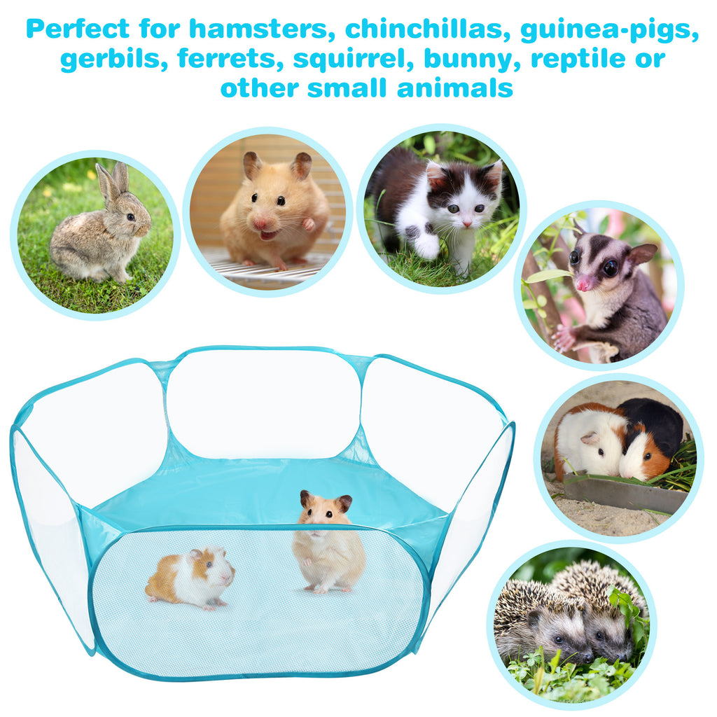 Pop Up Small Animal Playpen with Open Top Mesh Sides and Waterproof Bottom, Blue Foldable Exercise Pen for Supervised Hamster and Guinea Pig Play