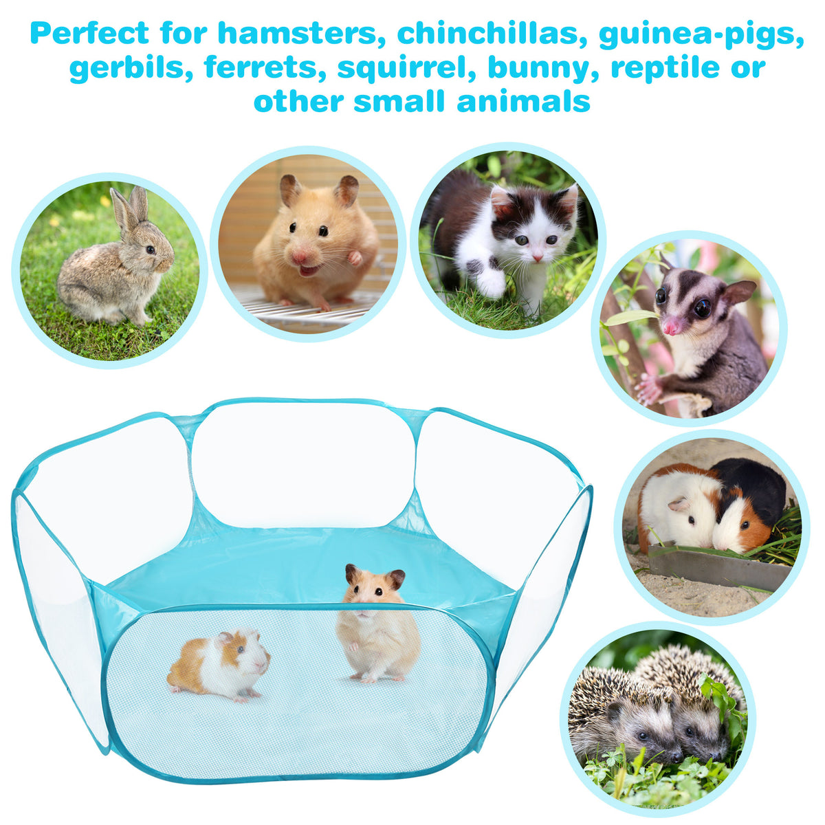 Pop Up Small Animal Playpen with Open Top Mesh Sides and Waterproof Bottom, Blue Foldable Exercise Pen for Supervised Hamster and Guinea Pig Play