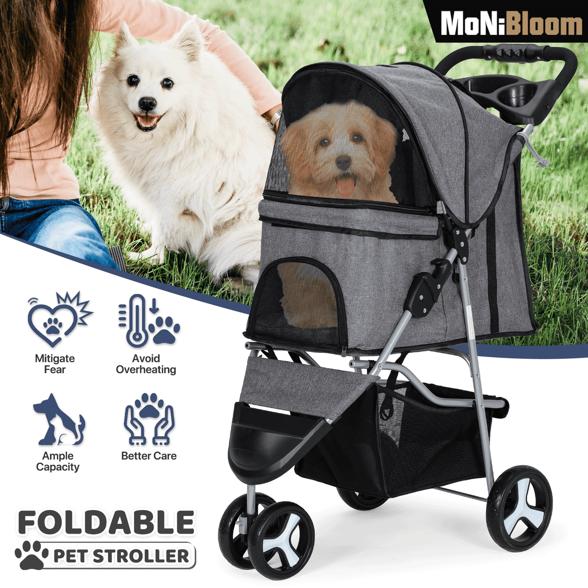 Three-Wheel Dog Stroller with Weather Cover, Foldable Mesh Pet Pushchair for Small Dogs and Cats, Storage Basket, Cup Holder and 10 Style Options