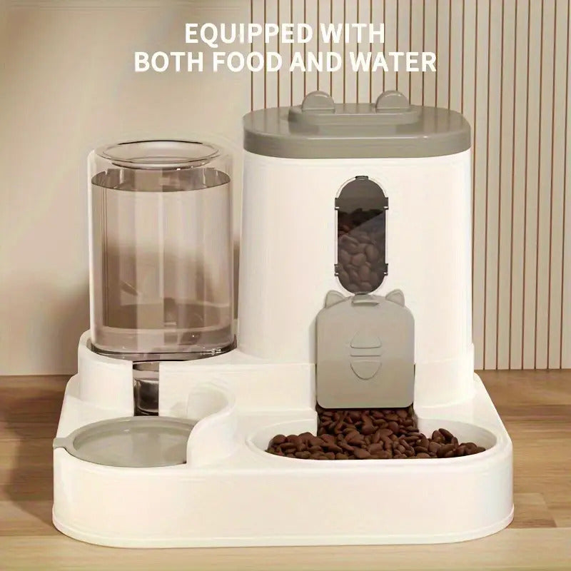 Pet Feeder and Water Dispenser Combo with Cat-Ear Lid, Visible Dry Food Window and Siphon Water Bottle for Cats and Small Dogs, Three Color Options