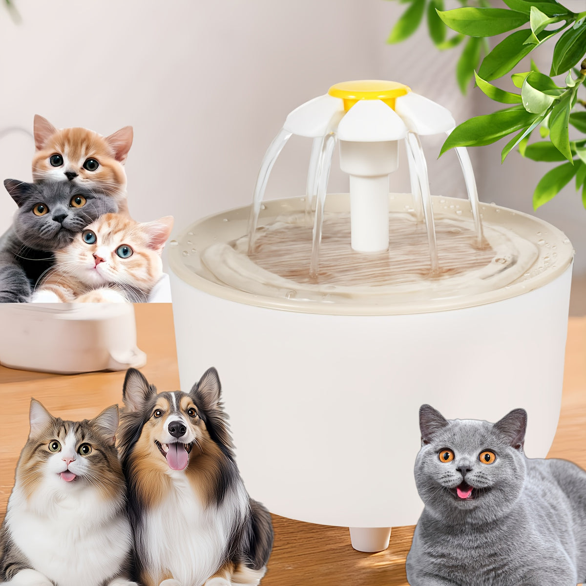 Flower Cat Water Fountain 50.72 oz, USB Powered Pet Drinking Dispenser with One Pump and Clear Top Tray for Indoor Cats and Small Pets