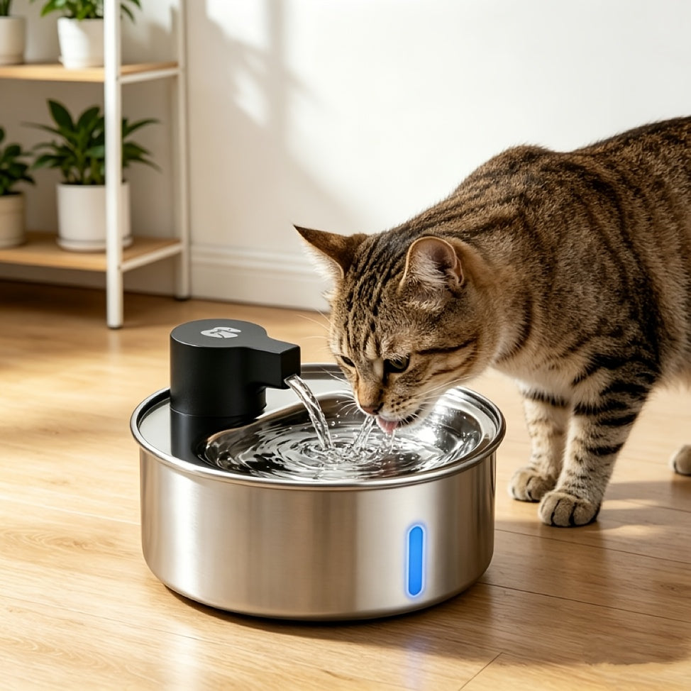 5L Stainless Steel Cat Water Fountain with Water Level Window and Red Blue LED Indicators, Quiet Pet Drinking Dispenser for Dogs and Cats with 2, 5 or 8 Filters
