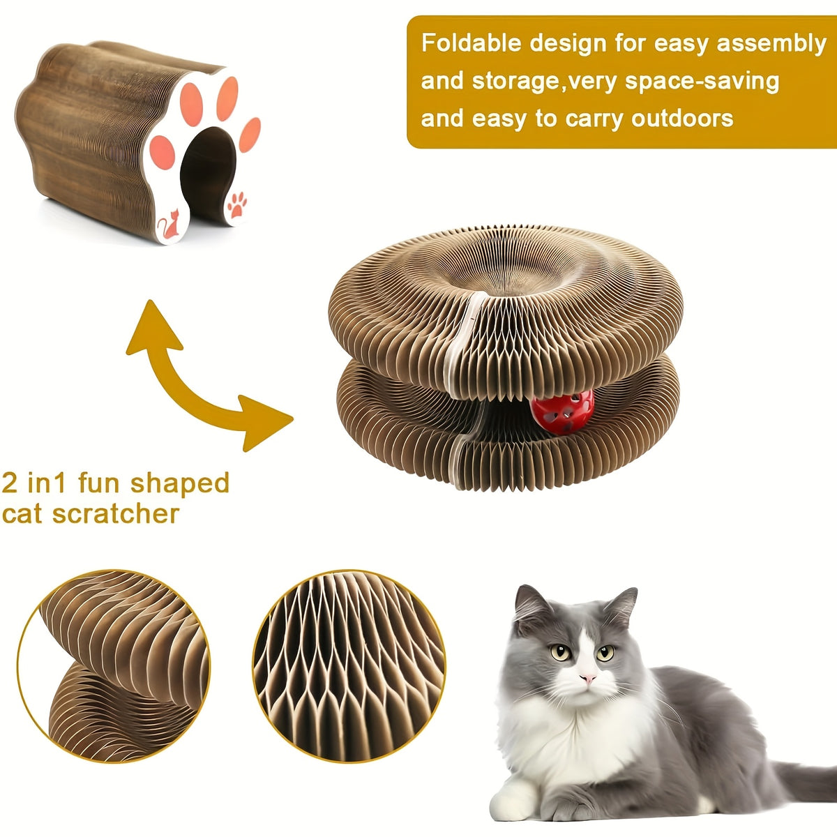 Flower Cat Scratcher Toy with Magnetic Accordion Design, Foldable Corrugated Cardboard Scratching Surface and Bell Ball for Indoor Cat Play