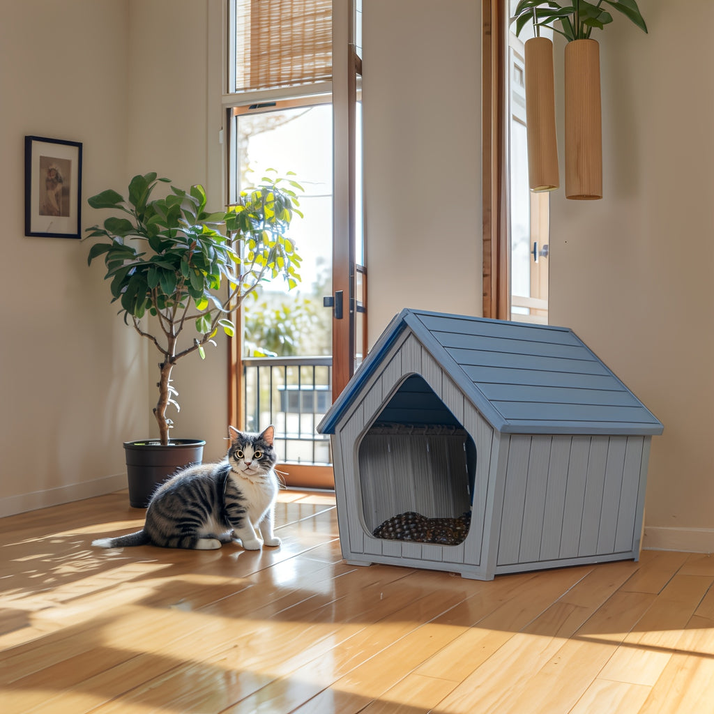 Resin Cat House with Raised Floor and Roof, XL Listed Pet Hideaway for Indoor and Sheltered Outdoor Rest, Blue or Light Brown, Assembly Required