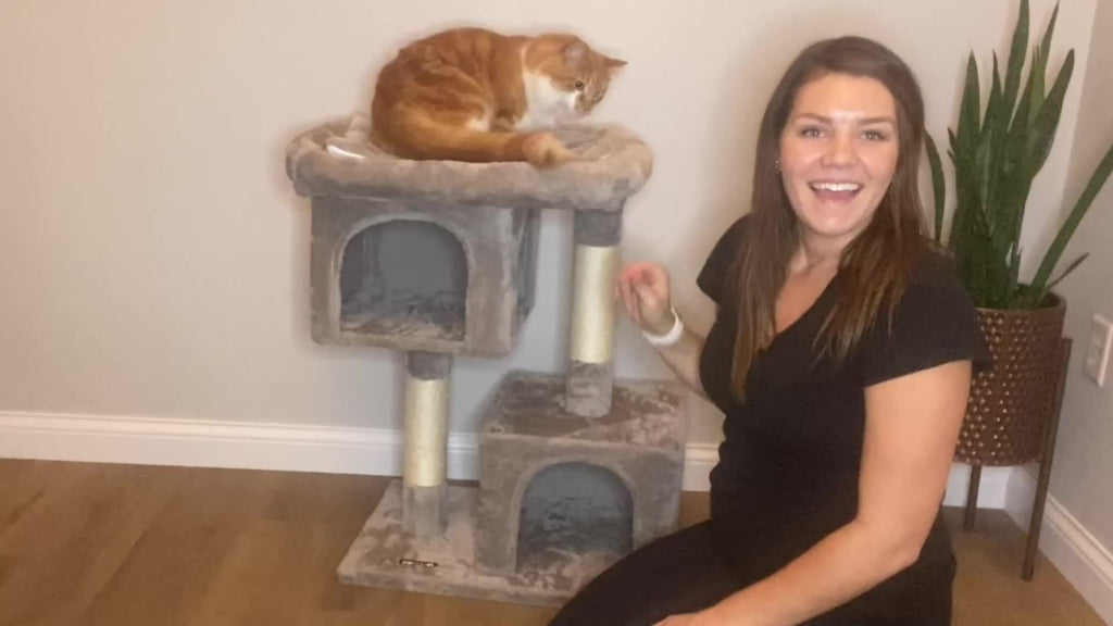Cat Tower with Two Caves, 33.1 Inch Indoor Cat Condo with Large Perch and Scratching Post for Cats up to 16 lb, Three Neutral Color Options