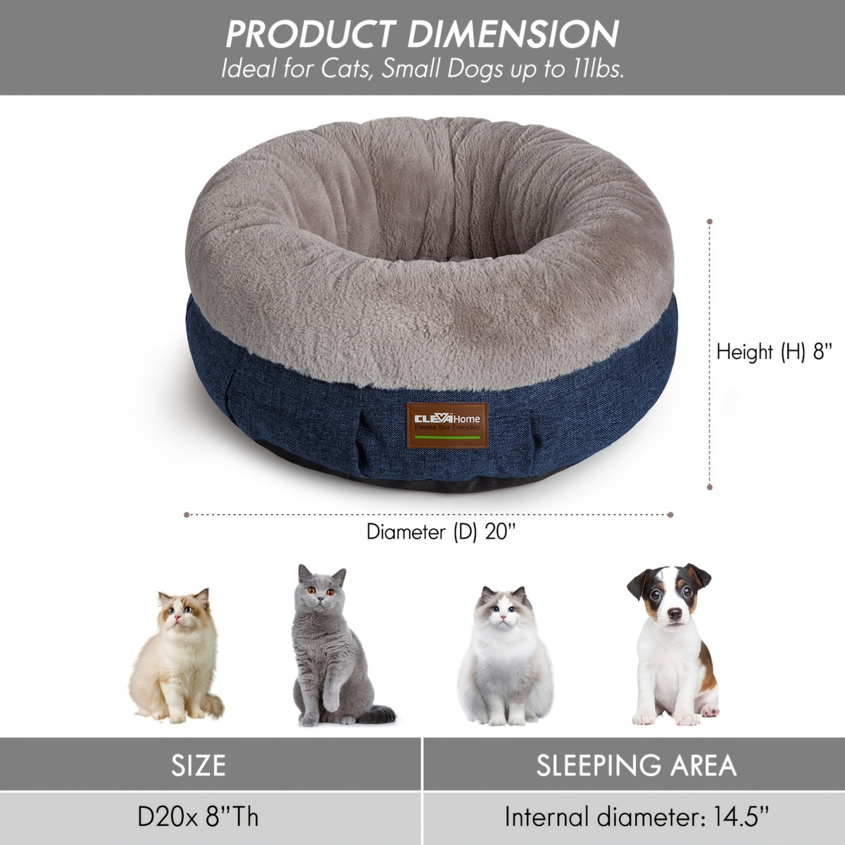 Cat Bed for Indoor Cats, 20 Inch Round Donut Cuddler with Raised Rim, Fluffy Plush Calming Pet Bed with Anti-Slip Bottom, Washable Cozy Bed for Kittens, Puppies and Small Dogs up to 11 lbs